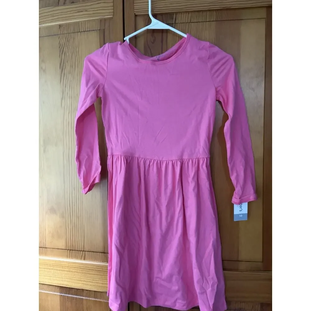 Carters Girl Light Pink & Bright Pink Set Long Sleeve Cotton Dress Size 10 NWT